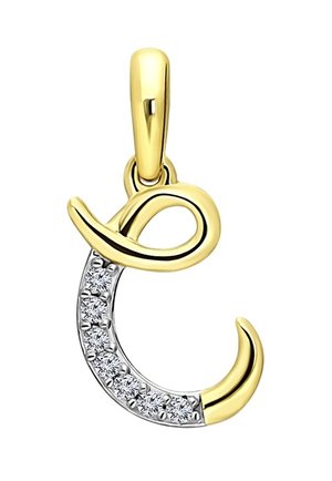 Gouden en zilveren hanger in een cursieve 'C' vorm versierd met kleine heldere steentjes langs één zijde, met een gepolijste afwerking.