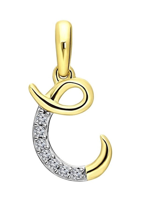 Gouden en zilveren hanger in een cursieve 'C' vorm versierd met kleine heldere steentjes langs één zijde, met een gepolijste afwerking.
