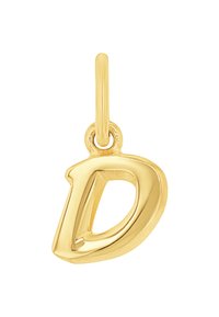 Pendente d'oro a forma di lettera "D", con una finitura liscia e lucida e un piccolo anello per il fissaggio.