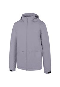 Hellgraue, wasserdichte Jacke mit Kapuze, Reißverschluss, zwei vorderen Taschen, elastischen Bündchen und einem minimalistischen Logodesign. Glatte Textur.