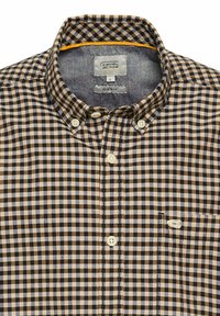 Braun-beige karierter Hemd mit einem Button-Down-Kragen, einer einzelnen Brusttasche und einem kontrastierenden gelben Detail am inneren Kragen. Normale Passform, aus Baumwollmaterial.