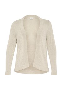 Gilet en tricot de couleur beige clair avec une ouverture à l'avant, des manches longues et un motif texturé. Matière douce avec une coupe décontractée et sans fermetures.