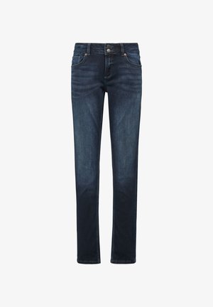 Granatowe dżinsy o prostym kroju, klasyczny układ pięciu kieszeni oraz miedziane akcenty na guzikach. Gładka faktura, zapięcie na guzik.