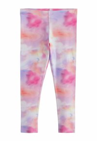 Leggings mit einem mehrfarbigen, pastellfarbenen Batikmuster in Rosa-, Lila- und Gelbtönen, hergestellt aus dehnbarem Stoff mit einer glatten Textur.