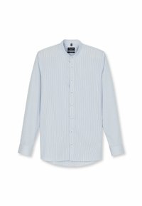 Hellesblaues, langärmliges Hemd mit durchgehenden weißen Streifen, Stehkragen und weißen Knöpfen auf der Vorderseite. Glatte Stofftextur.