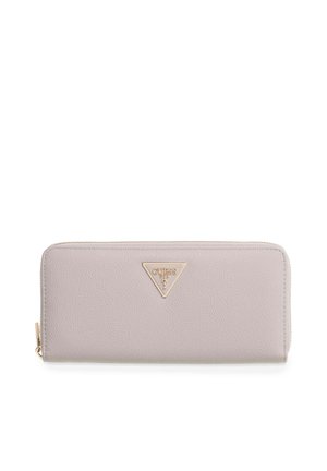 Light gray zip-around wallet with pebbled texture and gold-tone Guess logo emblem centered on front.