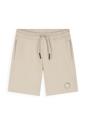 Beige casual shorts met een elastische tailleband, trekkoord, twee zijzakken en een klein rond logo op het linkeronderbeen.