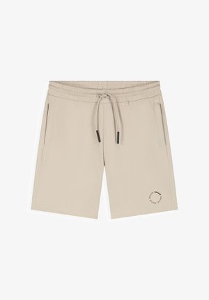 Beige casual shorts met een elastische tailleband, trekkoord, twee zijzakken en een klein rond logo op het linkeronderbeen.
