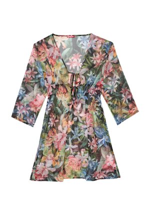 Vestido floral transparente con mangas largas, escote en V, detalle de lazo en la cintura, con flores rosas, azules, verdes y amarillas sobre fondo negro.