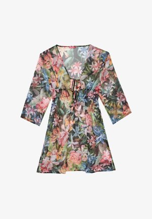 Vestido floral transparente con mangas largas, escote en V, detalle de lazo en la cintura, con flores rosas, azules, verdes y amarillas sobre fondo negro.