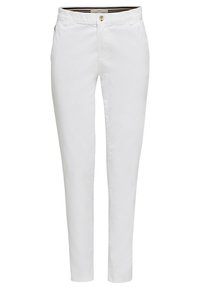 Pantalon en coton blanc à coupe ajustée, avec une fermeture à bouton, des poches latérales et une texture lisse.