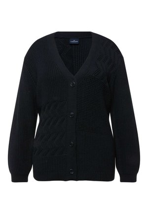 Cárdigan negro con patrones de punto texturizado, escote en V, seis botones y mangas largas con puños y dobladillo de canalé.