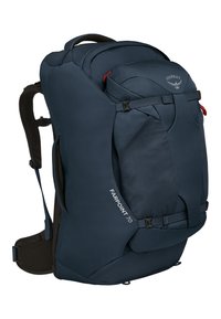 Osprey Farpoint 70 rugzak in donkerblauw. Voorzien van duurzame stof, gevoerde schouderbanden, externe gaasvakjes en compressiebanden.
