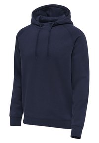 Granatowa bluza z kapturem typu pullover z długimi rękawami, regulowanym sznurkiem w kapturze oraz ściągaczami na mankietach i dole.