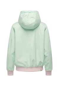 Jasnozielona kurtka z kapturem z elastycznymi różowymi mankietami i pasem, pokazana od tyłu na białym tle.
