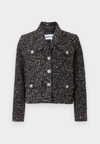 Veste noire texturée raccourcie avec des éclats multicolores, fermetures frontales à boutons argentés et col à revers. Idéale pour un style superposé.