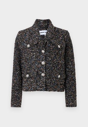 Μαύρο, υφασμάτινο cropped σακάκι με πολύχρωμες πιτσιλιές, ασημένια κουμπιά στο μπροστινό μέρος και γιακά. Ιδανικό για στρωμένο στυλ.