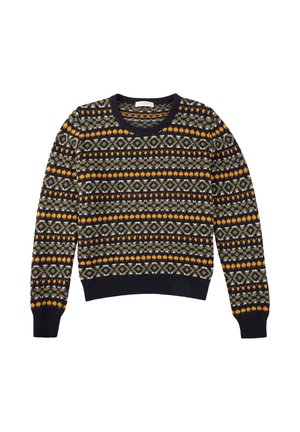 Maglione lavorato a maglia di colore blu navy con un motivo geometrico che presenta accenti arancioni, verdi e gialli. Collo tondo con maniche e orlo a coste.