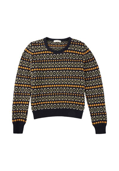 Sweter dziany w kolorze granatowym z geometrycznym wzorem z pomarańczowymi, zielonymi i żółtymi akcentami. Okrągły dekolt oraz ściągacze przy mankietach i hemie.