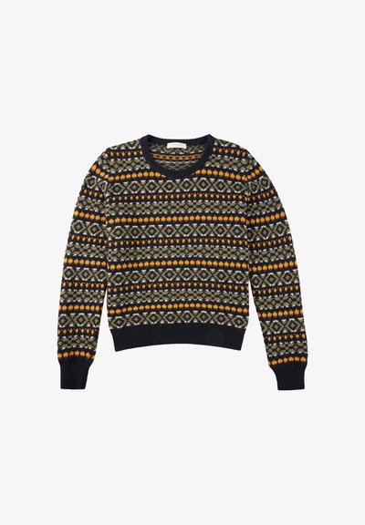 Sweter dziany w kolorze granatowym z geometrycznym wzorem z pomarańczowymi, zielonymi i żółtymi akcentami. Okrągły dekolt oraz ściągacze przy mankietach i hemie.