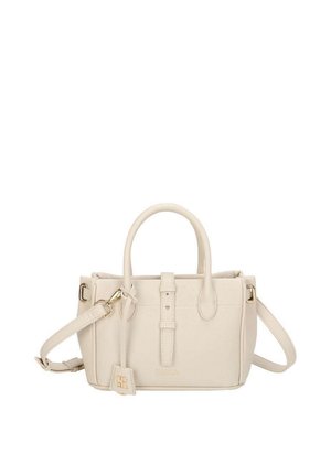 Petit sac à main en cuir beige avec poignées supérieures, bandoulière réglable, détail boucle avant et breloque en métal doré.