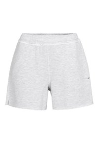 Jasnoszare spodenki wykonane z miękkiej mieszanki bawełny. Posiadają elastyczny pas i boczne rozcięcia dla wygody. Minimalne logo po boku.