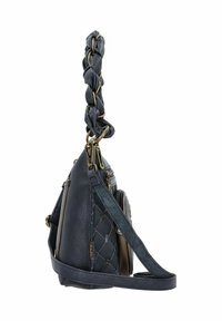Lederhandtasche in Dunkelblau mit geflochtenem Griff, goldfarbenen Beschlägen und einer gesteppten Textur auf einer Seite. Verstellbarer Tragegurt inklusive.