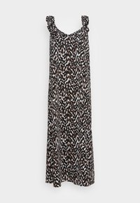 Maxi šaty s volánkovými ramínky, s černým, bílým a hnědým abstraktním vzorem. Vyrobeny z lehké tkaniny, splývají až k kotníkům.