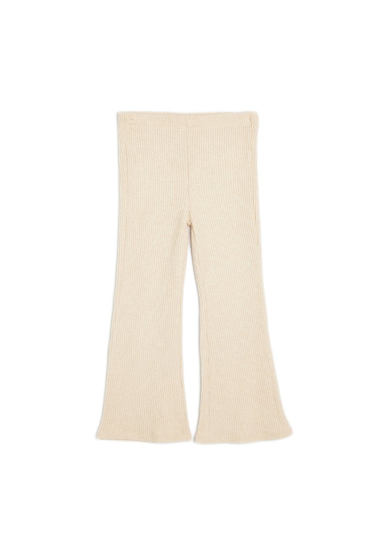 Ribbet, flagrende bukser i en lys beige farve, med en blød tekstur og en høj talje for en tætsiddende silhuet.