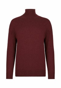 Burgundowa bluza z golfem wykonana z miękkiej, dzianinowej tkaniny z prążkowanymi mankietami i dolnym brzegiem, o luźnym kroju i bez widocznych zapięć.