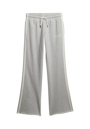 Pantalons de survêtement gris clair en tissu doux, avec un design évasé, des rayures blanches sur les côtés et une taille élastique avec un cordon de serrage.