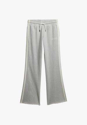 Hellgraue Jogginghose aus weichem Stoff, mit einem ausgestellten Design, weißen Seitenstreifen und einem elastischen Bund mit Kordelzug.