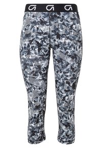 Leggings Capri avec un imprimé abstrait noir et gris, dotées d'une large ceinture avec un logo. Fabriquées en tissu extensible et lisse.