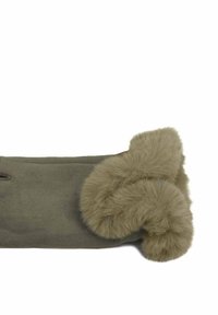 Guanto in suede verde oliva con ampio polsino di pelliccia soffice in colore verde oliva abbinato.