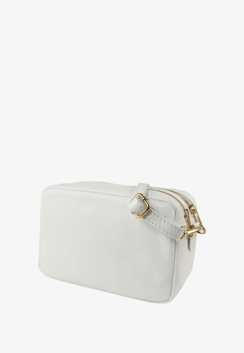 White leather zippered bag with a rectangular shape, featuring a gold-tone hardware accent and a textured finish. Simple strap detail visible.