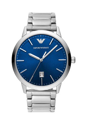 Silberne Metall-Armbanduhr mit blauem Zifferblatt, silbernen Stundenmarkierungen, Datumsanzeige bei 6 Uhr und Emporio Armani-Logo bei 12 Uhr.