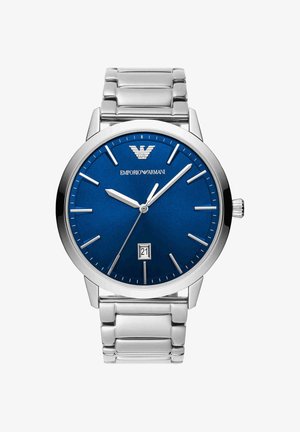 Silberne Metall-Armbanduhr mit blauem Zifferblatt, silbernen Stundenmarkierungen, Datumsanzeige bei 6 Uhr und Emporio Armani-Logo bei 12 Uhr.