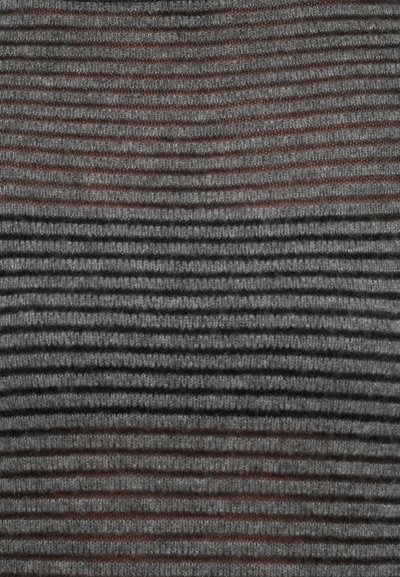Knitted fabric featuring horizontal gray and black stripes, with a slight textured finish. Varied shade intensity creates depth.