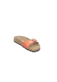 Leather slide sandal in coral with a metallic buckle and cork footbed. Features a textured black rubber sole and open-toe design.