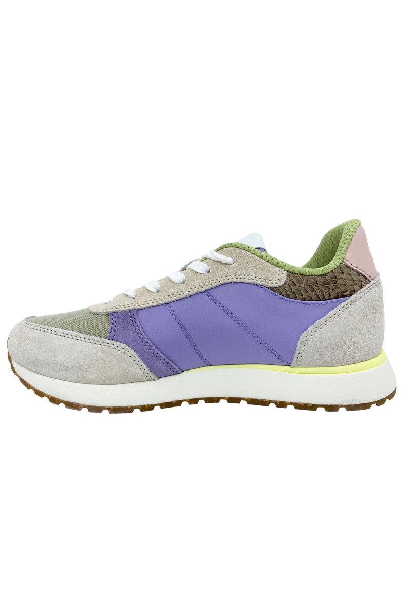 Low-top sneaker featuring a mix of grey suede, purple mesh, and green accents. White laces and a yellow midsole. Textured heel detail included.