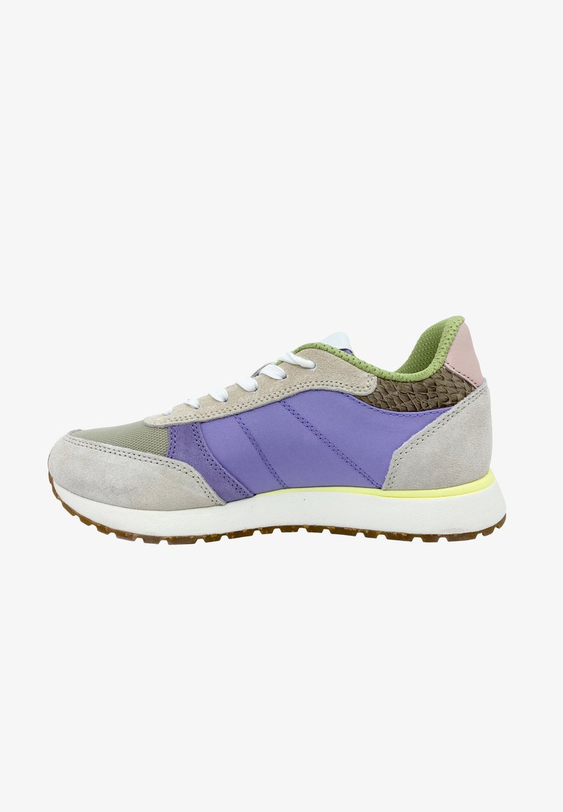 Low-top sneaker featuring a mix of grey suede, purple mesh, and green accents. White laces and a yellow midsole. Textured heel detail included.