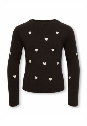 Pull noir à manches longues avec petits motifs de cœurs blancs dispersés sur le devant et les manches, col rond et coupe ajustée.