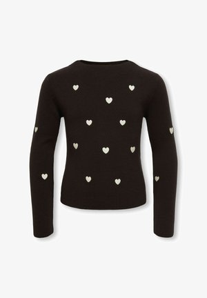 Pull noir à manches longues avec petits motifs de cœurs blancs dispersés sur le devant et les manches, col rond et coupe ajustée.