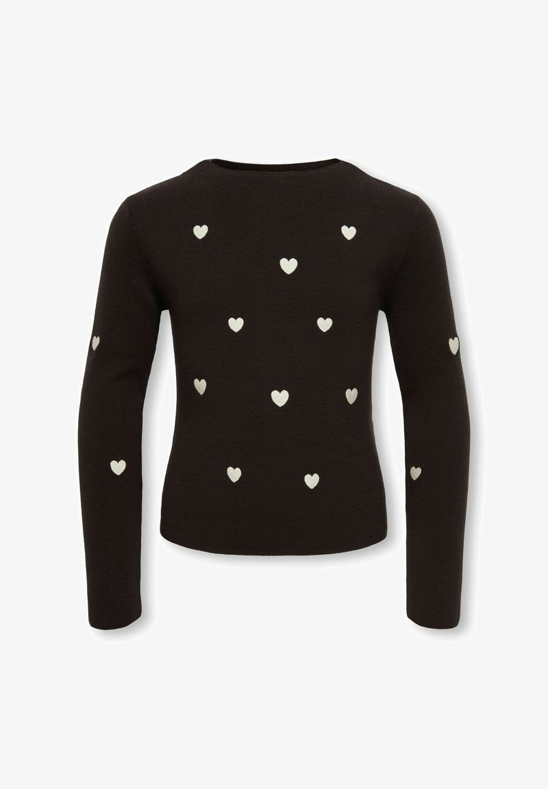 Pull noir à manches longues avec petits motifs de cœurs blancs dispersés sur le devant et les manches, col rond et coupe ajustée.