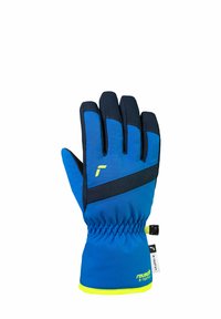 Blå och svart isolerad handske med elastisk handled, neon gula detaljer och Reusch R-TEX XT-logotyp på handledsområdet.