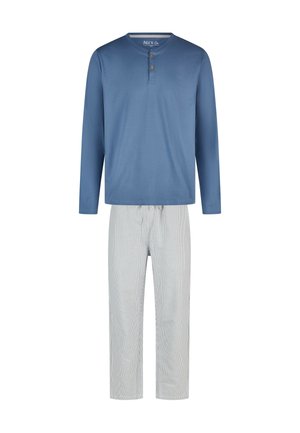 Haut bleu à manches longues avec trois boutons au cou et pantalon léger rayé gris. Les deux sont en tissu doux et respirant.