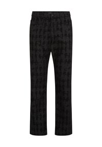 Pantaloni negri cu un model abstract texturat. Design cu picioare drepte, prevăzuți cu bucle pentru curea și buzunare frontale. Material elastic.