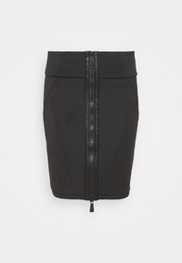 Zwarte aansluitende rok met een gestructureerd ontwerp, voorzien van een ritsluiting aan de voorkant en een gladde stoftextuur. Accentueert met paneelnaad.