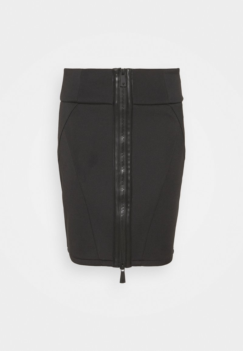 Zwarte aansluitende rok met een gestructureerd ontwerp, voorzien van een ritsluiting aan de voorkant en een gladde stoftextuur. Accentueert met paneelnaad.