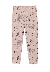 Pink leggings featuring black patterns of castles, hearts, stars, and crowns, made from soft, stretchy material with an elastic waistband.